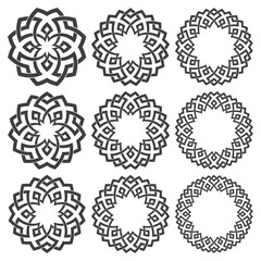 Set of round frames. Nine decorative elements for design with stripes braiding borders. Black lines on white background.