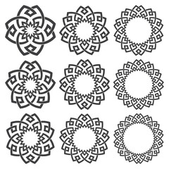 Set of round frames. Nine decorative elements for design with stripes braiding borders. Black lines on white background.