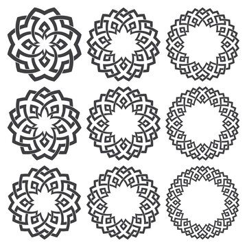 Set of round frames. Nine decorative elements for design with stripes braiding borders. Black lines on white background.