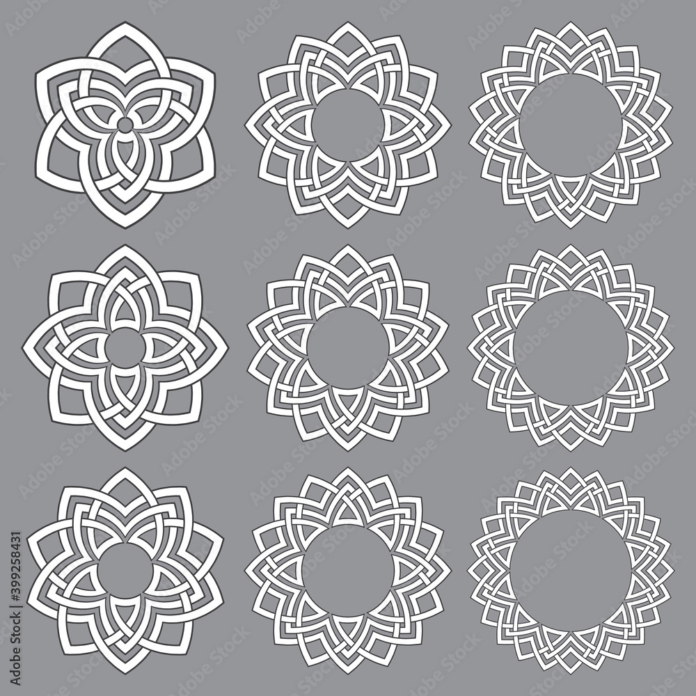 Poster set of round frames. nine decorative elements for logo design with stripes braiding borders. white l