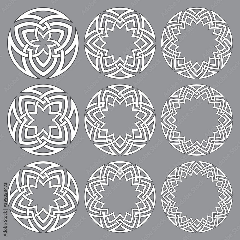 Poster set of round frames. nine decorative elements for logo design with stripes braiding borders. white l