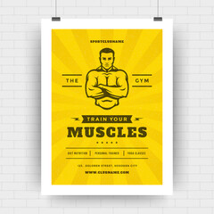 Fitness center flyer modern typographic layout event cover design template with bodybuilder man silhouette