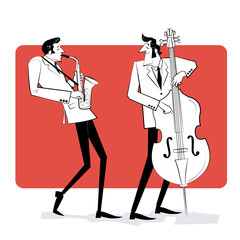 Concept for jazz poster. Two men playing saxophone and double bass on red background. Sketch style illustration. - 399258423