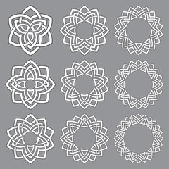 Set of round frames. Nine decorative elements for logo design with stripes braiding borders. White lines with black strokes on gray background.