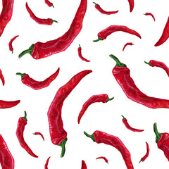 seamless watercolor vegetable pattern with red chili peppers on white background