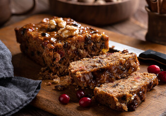 Sliced Fruitcake on a Cutting Board
