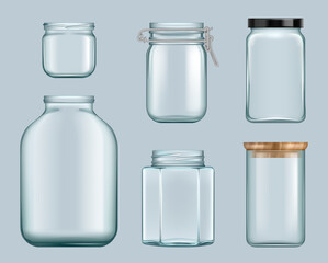 Glass jars. Product jam containers transparent bottles for liquids canned food for shelves vector template. Illustration jar glass canning, close container empty bottle - obrazy, fototapety, plakaty