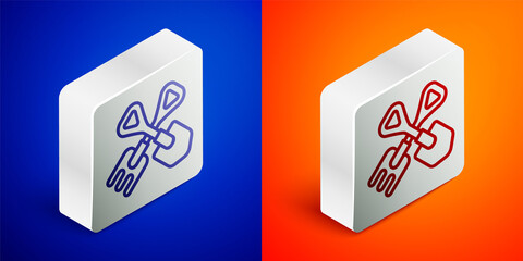 Isometric line Shovel and rake icon isolated on blue and orange background. Tool for horticulture, agriculture, gardening, farming. Ground cultivator. Silver square button. Vector Illustration.