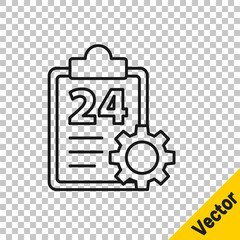 Black line Checklist clipboard with 24 hours service icon isolated on transparent background. Vector Illustration.