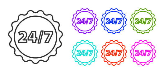 Black line Clock 24 hours icon isolated on white background. All day cyclic icon. 24 hours service symbol. Set icons colorful. Vector Illustration.