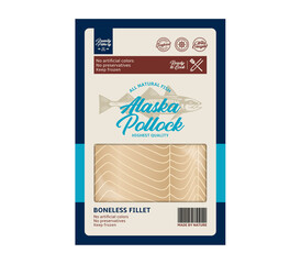 Vector alaska pollock flat style packaging design. Alaska pollock illustration and fish meat texture