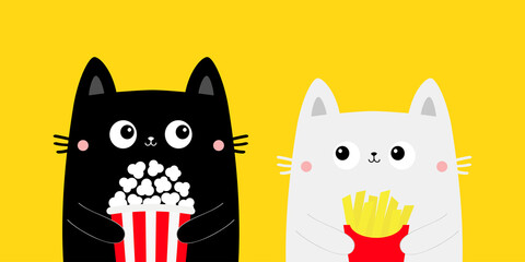Cat set. Popcorn, french fries. Cute cartoon funny character. Black White kitty. Cinema theater. Film show. Kittens watching movie. Kids print for notebook cover. Yellow background. Flat design