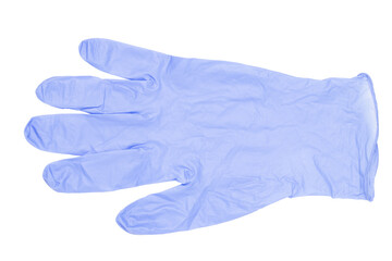 Protective gloves isolated. Close-up of a single light blue rubber glove for cleaning work isolated on a white background. Macro photograph.