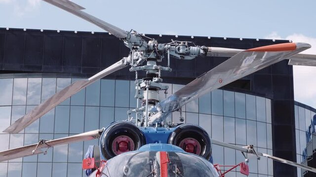 Closeup of a coaxial helicopter rotor. Combat helicopter screw.