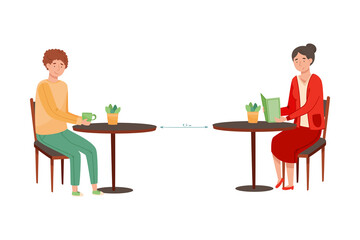 People Characters Sitting at Cafe Table Social Distancing Vector Illustration