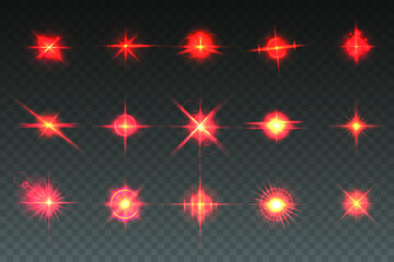 Collection of red flares of light isolated on transparent background. Glowing lights effect, flash, explosion and stars. Vector illustration
