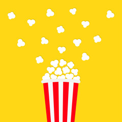 Popcorn popping. Cinema movie night icon. Big size white red strip box. Pop corn food. Cute movie cinema banner decoration template. Flat design style. Yellow background. Isolated.