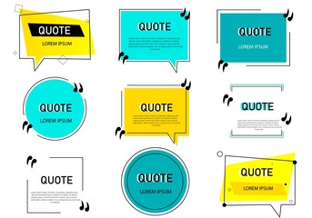 Set, frame for quotes. Speech bubble icon. Template with a text box inside. Bright banner with information, popular expression. Vector illustration.
