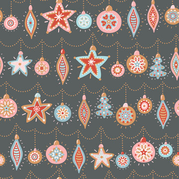 Vector seamless pattern for New Year and Christmas. Cute hand-drawn illustrations with christmas tree toys.
