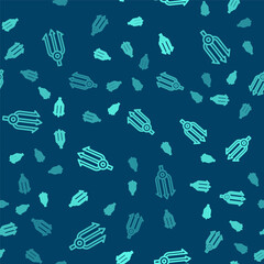 Green line Neptune Trident icon isolated seamless pattern on blue background. Vector.