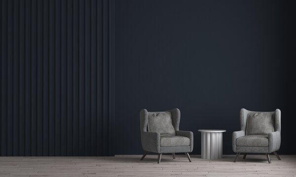 Fototapeta The modern cozy interior design and mock up furniture of living room and black wall texture background