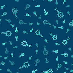 Green line Medieval chained mace ball icon isolated seamless pattern on blue background. Medieval weapon. Vector.