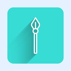 White line Medieval spear icon isolated with long shadow. Medieval weapon. Green square button. Vector.