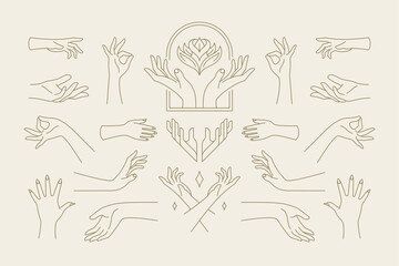Female hands gestures collection of line art hand drawn style vector illustrations.