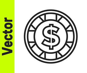 Black line Casino chip with dollar symbol icon isolated on white background. Casino gambling. Vector.