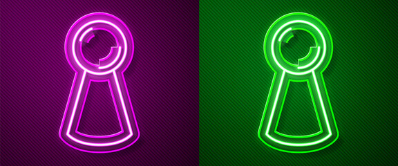 Glowing neon line Chip for board game icon isolated on purple and green background. Vector.