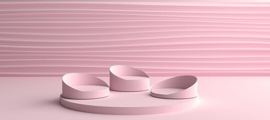 3D rendering of Pink Round Pedestal, The pink wall into waves scene with pretty. Pedestal Can be used for commercial advertising, Isolated on pink background. Product Presentation, illustration.