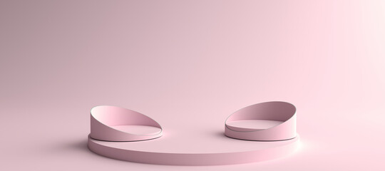 3D rendering of Pink Round Pedestal, Podium for display product on the pink floor. Pedestal can be used for commercial advertising, Isolated on pink background, Product Presentation, illustration.