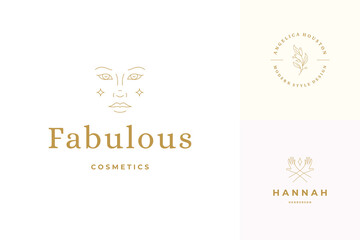 Boho feminine logos emblems design templates set in line art style