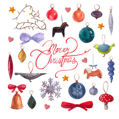 Set of watercolor hand-drawn Christmas decorations.