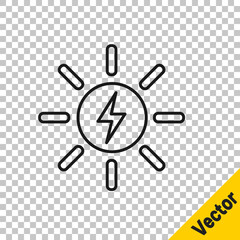 Black line Solar energy panel icon isolated on transparent background. Sun with lightning symbol. Vector.