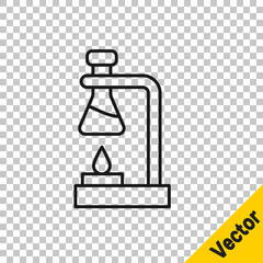 Black line Glass test tube flask on fire heater experiment icon isolated on transparent background. Laboratory equipment. Vector.