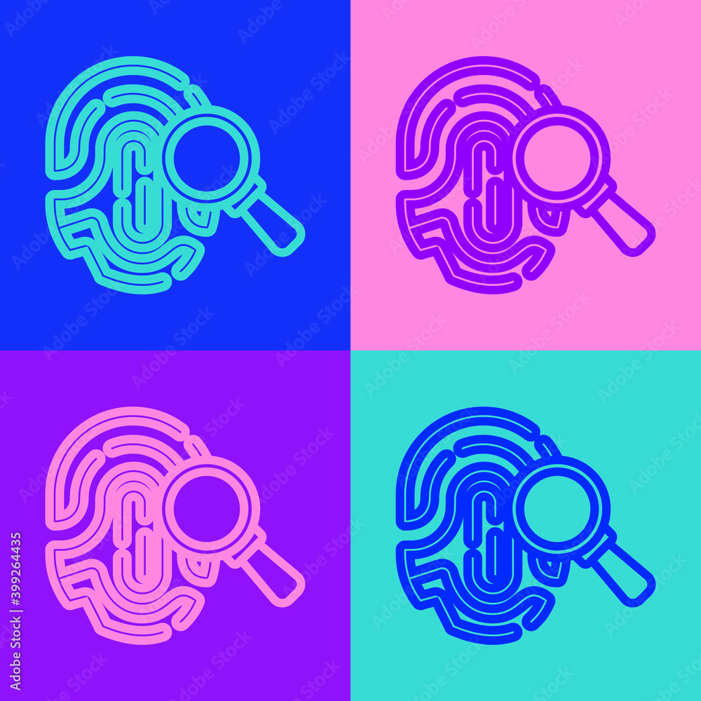 Aufkleber pop art line magnifying glass with fingerprint icon isolated on color background. identification sig
