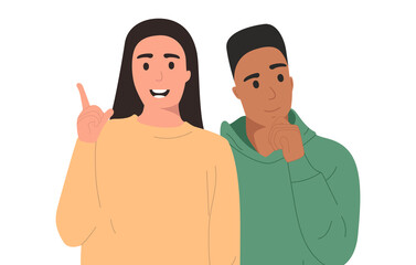 Porter of two young men, a boy and a girl. A young couple is thinking about something. Thinking about the idea. Multiracial picture isolated on white background. Concept