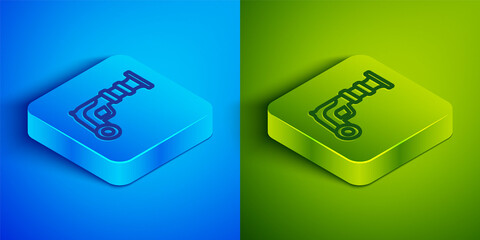 Isometric line Vintage pistols icon isolated on blue and green background. Ancient weapon. Square button. Vector.