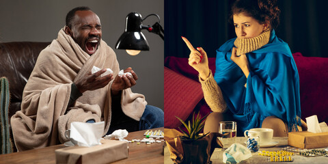 Collage of ill man feeling sick and healthy woman avoiding virus spreading with panic. Seasonal, coronavirus. Healthcare and medicine, ill prevention, seasonal illness symptoms and self-protection