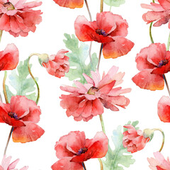 Watercolor seamless floral pattern with red poppies - 399265432