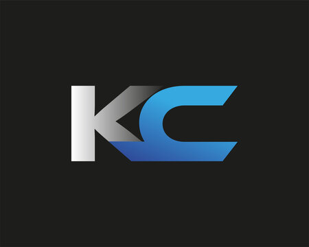 initial letter KC logotype company name colored blue and silver swoosh design. isolated on black background.