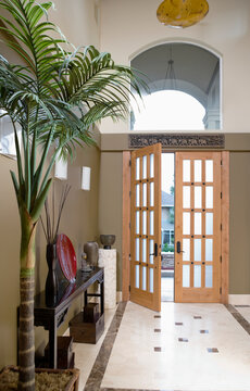 Open door to hallway with potted plant and console table.