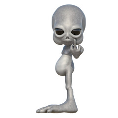 Kleiner Alien zeigt den Mittelfinger, 3d, grau, schwarze Augen