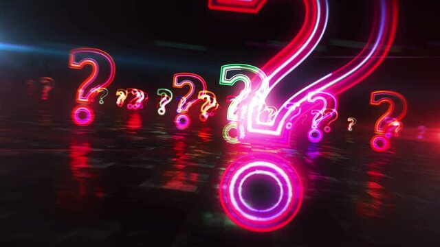 Question mark, query symbol, knowledge, faq, education, search and quiz light icon concept. Flight between signs. Futuristic space abstract 3d rendering animation.