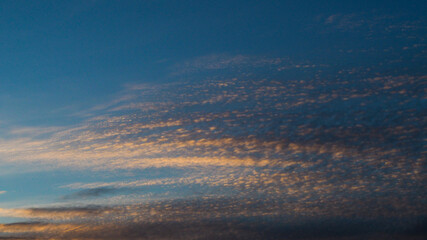 Banc de Cirrocumulus illuminés par la lumière du soleil couchant, créant de belles teintes orangées
