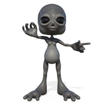 Alien, 3d, grau macht Gourmet Zeichen und zeigt mit Finger nach rechts, schwarze Augen