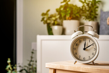 Alarm clock stands on a wooden table in living room with a modern interior with green plants