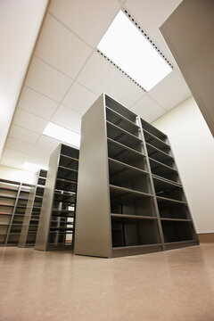 Low angle view of server towers or bookshelves.