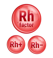 Vector set of red icons isolated on white. Rh factor, Rh+, Rh− from blood group system. Rh factor determines blood type. Rhesus factor. Rh-positive, Rh-negative, where the blood contains d antigens.